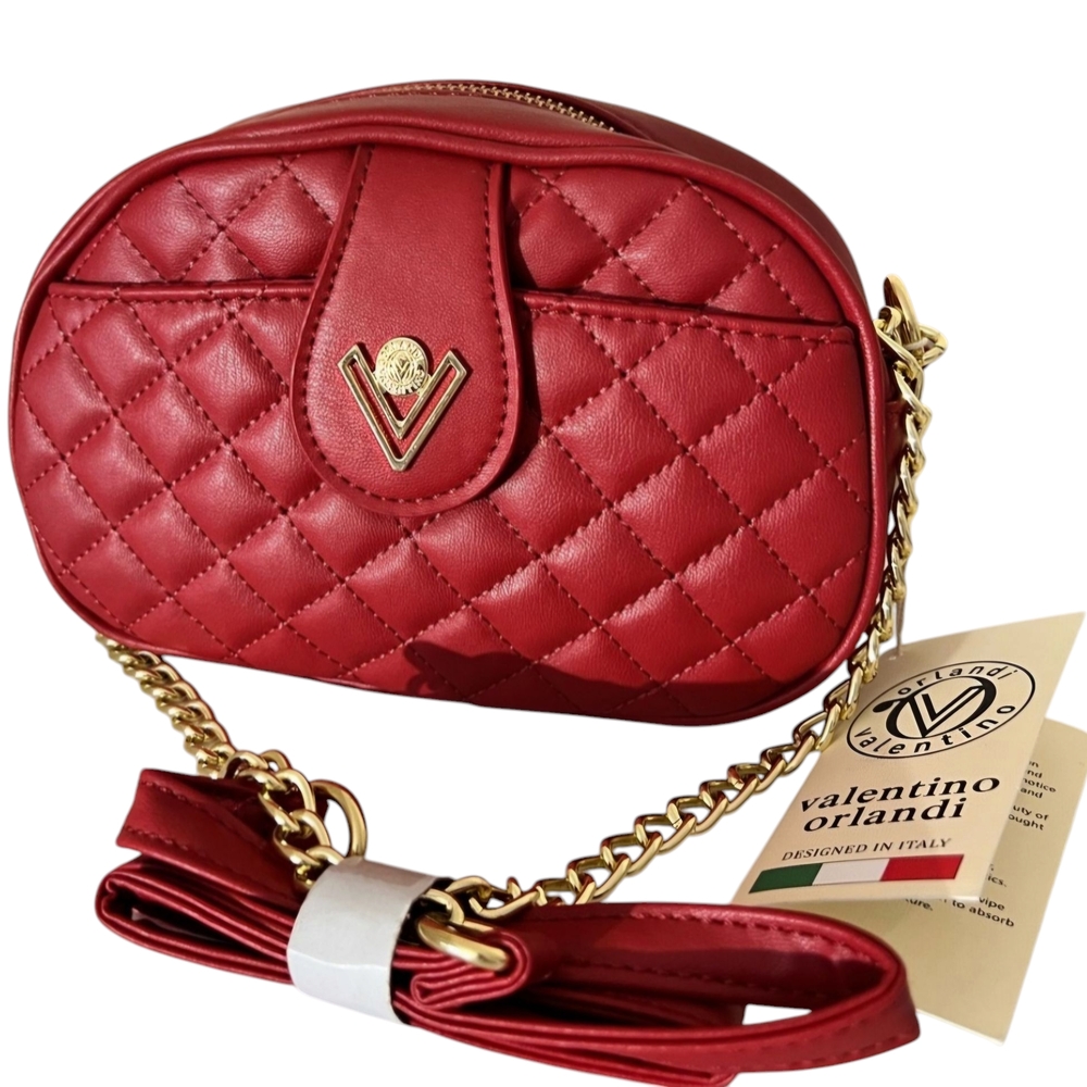 Valentino Orlandi Quilted Red Crossbody Bag with Gold Chain
